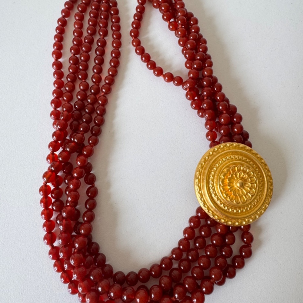 MMA The Met Multi Strand Red Bead Necklace Gold Medallion Statement
